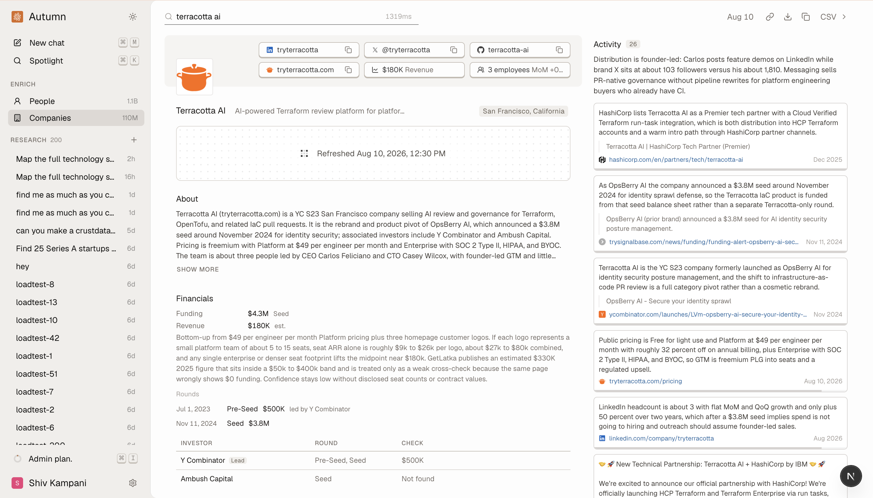 An Autumn company enrichment profile showing identities, estimated revenue, funding, pricing, technology, location, activity, and source evidence.