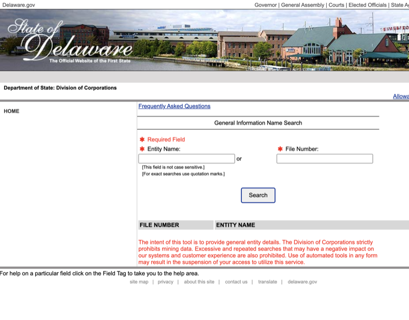 Delaware Division of Corporations Entity Search